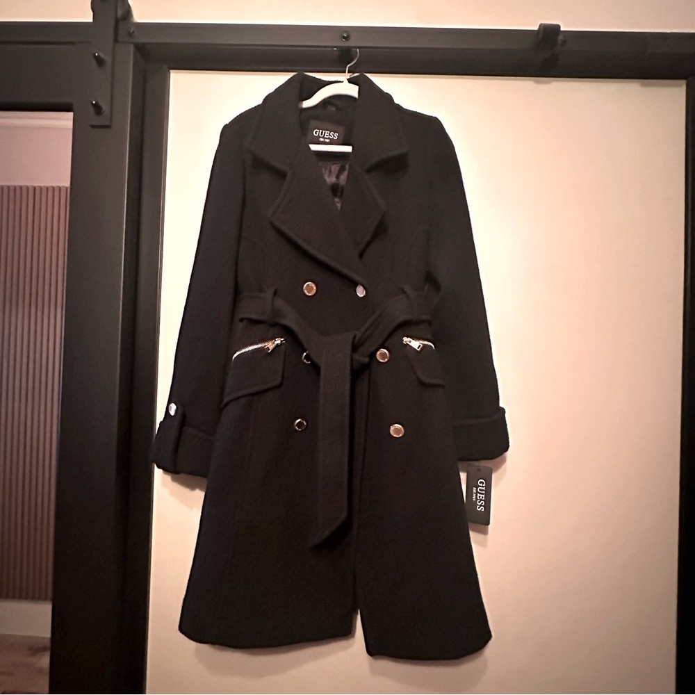 GUESS Women's Double Breasted Tie Coat In Black